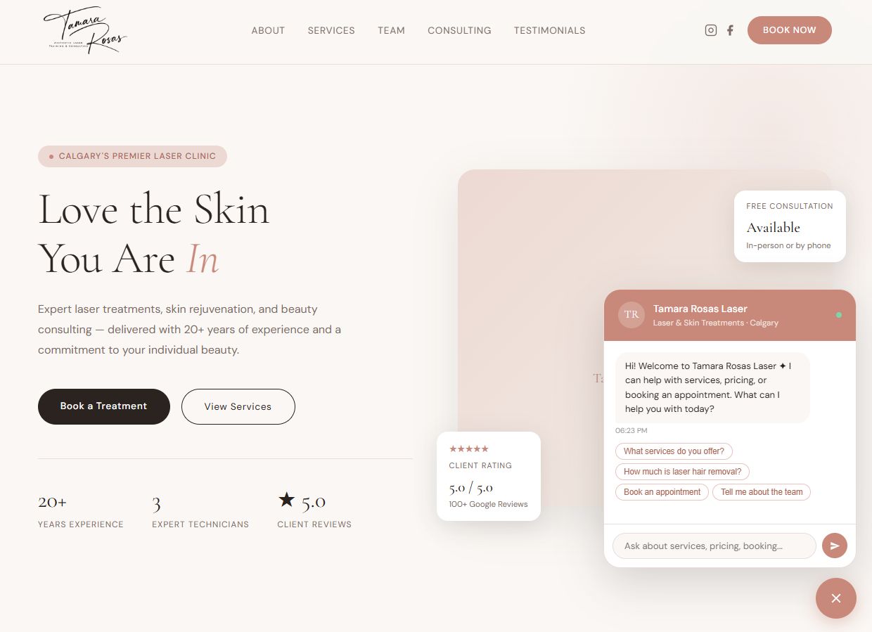 Tamara Rosas Laser website with AI chatbot integration - Calgary web development